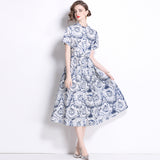 Popularan station  summer new sweet and elegant design sun print big pendulum dress shirt dress women