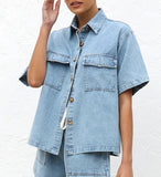 2025 New retro casual loose pocket short-sleeved shirt shorts denim two-piece set