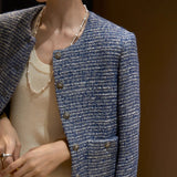 2025 Dream blue shiny silk wool tweed small fragrant short coat  spring new women's collarless top blue