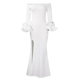 WOLOONG D481 New Hot Trade Women's Temperament One-word Collar Sexy Split Lotus Leaf Sleeve Long Dress Banquet Party Evening Dress