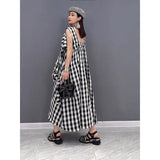 Popularan Station  Summer New Fashion Dress Large Size Casual Cotton and Linen Suspender Plaid Temperament Women