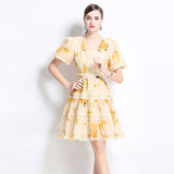 women's clothing  spring and summer new products round neck short-sleeved lace hollow splicing A-word coffee break skirt, short dress