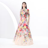 women's clothing  early spring new vacation style stand-up collar high waist shoulder sleeves wide pendulum retro printing skirt