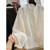 Autumn urgent season high-end Popular style fungus edge hollow crochet thin long-sleeved shirt women's  temperament shirt top