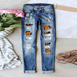 2025 Popular, ,  Express Hipster Halloween Pumpkin Funny Ripped Printed Jeans Women's Middle Waist Straight Pants