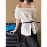 2025  spring new retro women's clothing Korean version new sexy one-word collar striped shirt women 25231