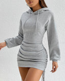 woloong Hooded Drawstring Ruched Sweatshirt Dress