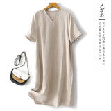 spring and summer new cotton and linen V-neck loose and thin versatile commuter dress large size robe casual women