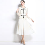 spring and summer new temperament socialite  fake two-piece lace crochet pleated long-sleeved pleated dress women