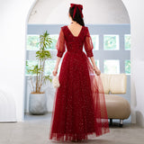 Maternity Toast Bridal Mesh  New Burgundy Long Sleeve Long Dress Banquet Large Size Evening Dress