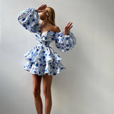 summer new V-neck low-cut  hot girls high waist waist fashion floral princess dress women