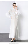 Elegant bead three-dimensional flower dress women's spring pleated bubble sleeve disc flower large size elastic slim dress