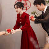 Large size toast dress bride  new long-sleeved burgundy wedding engagement dress large lapel dress