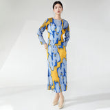 2025 suit women's spring two-piece fashion printed long-sleeved loose T-shirt top side split hip skirt