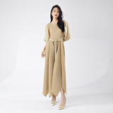 2025 Popular trade long dress large size women's summer dress high-end lantern sleeves irregular temperament pleated skirt