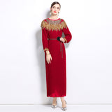 senior celebrity Fan Heavy Industry bead dress skirt temperament imperial sister Fan lantern sleeve pleated loose long dress