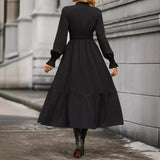 Popular trade 2025 women's clothing  popular spring and autumn fashion solid color lantern long-sleeved V-neck pendulum dress