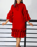 woloong Chic Frilled Hem Bell Sleeve Solid Midi Dress