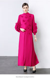 Elegant bead three-dimensional flower dress women's spring pleated bubble sleeve disc flower large size elastic slim dress