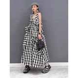 Popularan Station  Summer New Fashion Dress Large Size Casual Cotton and Linen Suspender Plaid Temperament Women