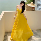 2025 Thailand seaside vacation beach dress to ankle atmosphere waist thin bright yellow beautiful suspender dress