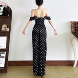 2025 style  spring new women's clothing polka dot off-the-shoulder ruffle edge waist thin long dress dress