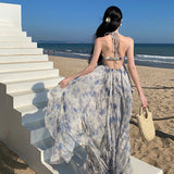2025 blue floral neck dress women's summer niche design irregular waist backless sleeveless long skirt