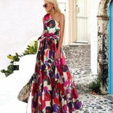 New new women's clothing  Popular trade digital printing leaf splicing off-the-shoulder printing long dress dress