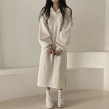 WOLOONG Japan Korean version solid color autumn and winter POLO collar spring and autumn 2023 new velvet loose lazy style long dress