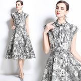 Fashion celebrity temperament short-sleeved lapel waist a-character ink painting printed shirt dress elegant big swing dress