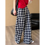 2025  spring new plaid fashion casual pants high waist and thin versatile lace-up straight wide-leg pants 25068