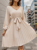 2025 Popular trade women's clothing popular  summer fashion V-neck long-sleeved lace-up waist pleated dress