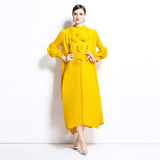 Miyake three-dimensional flower long dress women's new solid color bead applique bubble sleeve disc flower semi-turtleneck pleated dress
