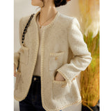 2025 High-end small fragrant jacket, short tweed women's clothing, spring and autumn women's clothing, autumn fashion top, white.