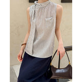 2025  Spring New Hot Style Korean Loose Chic Bow Sleeveless Striped Shirt 8106