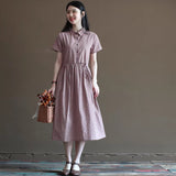 summer Mori retro literary temperament plaid shirt skirt lace-up waist Japanese medium and long dress women