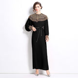 senior celebrity Fan Heavy Industry bead dress skirt temperament imperial sister Fan lantern sleeve pleated loose long dress