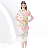 Women's Clothing  Early Spring - Vacation Style Suit Collar Sleeveless Slim Fit Lace Floral Print Long Dress