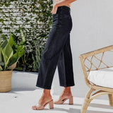2025 autumn new  New breasted elastic jeans women's high-waisted temperament thin washed straight pants
