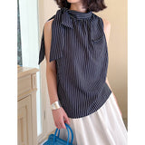 2025  Spring New Hot Style Korean Loose Chic Bow Sleeveless Striped Shirt 8106