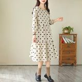popular autumn new  medium and long loose five-quarter sleeve polka dot dress literary tower skirt A-shaped skirt