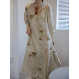 Chinese design Hanfu women's robe-style dress  summer retro national style literary ramie printed cheongsam