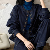 2025 Contrast color stitch collarless denim short jacket/cocoon jeans set, spring and autumn women's clothing short spring new