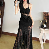2025 style popular winter new women's clothing multi-level pleated design perspective lace slim dress