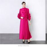 Elegant bead three-dimensional flower dress women's spring pleated bubble sleeve disc flower large size elastic slim dress