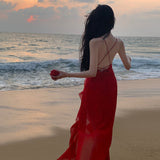 2025 Seaside photo Sanya beach dress holiday wind sexy elegant ruffle leaf edge long high split suspender dress women