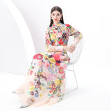 women's clothing  early spring new vacation style stand-up collar high waist shoulder sleeves wide pendulum retro printing skirt