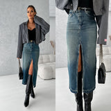 2025 Retro fashion  New high waist split denim skirt washed slim hip skirt medium and long skirt women