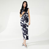 2025 Fashion high-end pleated dress women's sleeveless printed fish scale pleated split temperament elegant medium and long one-step skirt
