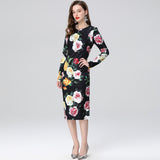 Popular trade women's clothing  spring new high-waisted slim-fit dress long-sleeved round neck printed hip-wrapped skirt